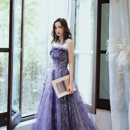 Dark Purple Tulle Style Evening Gown, Purple..