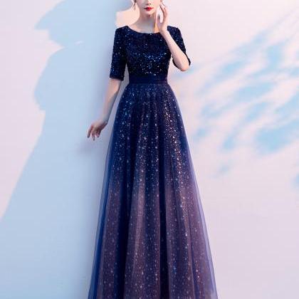 Navy Blue Sequins And Tulle Short Sleeves..