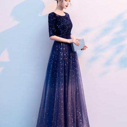 Navy Blue Sequins And Tulle Short Sleeves..
