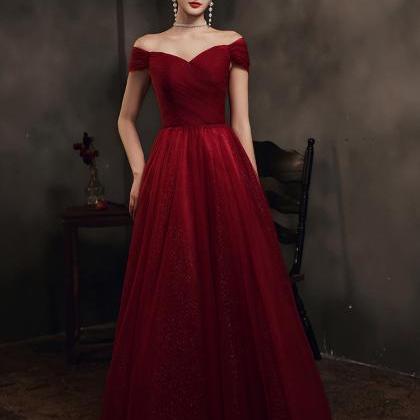 Wine Red Elegant Sweetheart Tulle Floor Length Party Dress, Dark Red ...