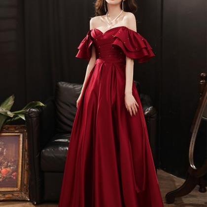 Dark Red Satin Style Off Shoulder Long Prom Dress,..