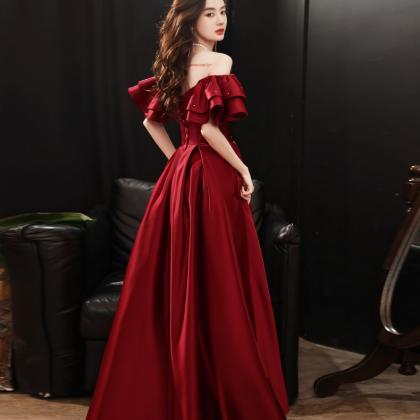 Dark Red Satin Style Off Shoulder Long Prom Dress,..