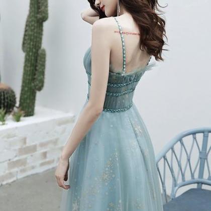 Blue Tulle Straps Beaded Long Formal Gown, A-line..