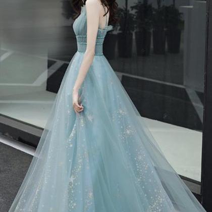 Blue Tulle Straps Beaded Long Formal Gown, A-line..