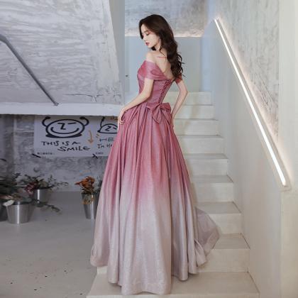 Pink And White Gradient Long Off Shoulder Prom..