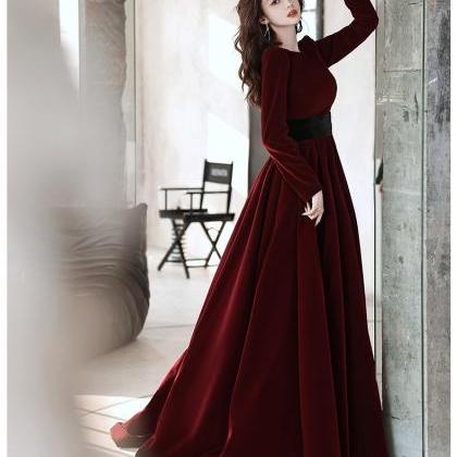 Elegant Wine Red Velvet Long Sleeves Formal Dress,..