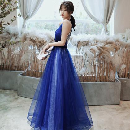 Royal Blue Tulle Halter Floor Length Party Dress,..