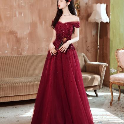 Wine Red Sequins Shiny Tulle Off Shoulder Princess..