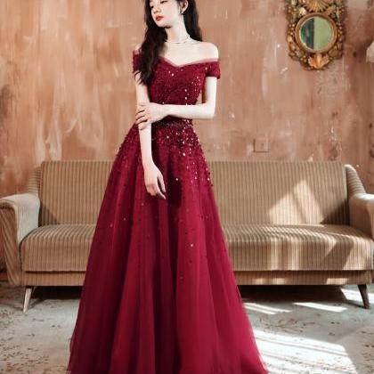 Wine Red Sequins Shiny Tulle Off Shoulder Princess..