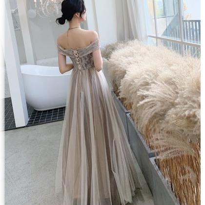 Light Champagne Sweetheart Lace Long Tulle Prom..