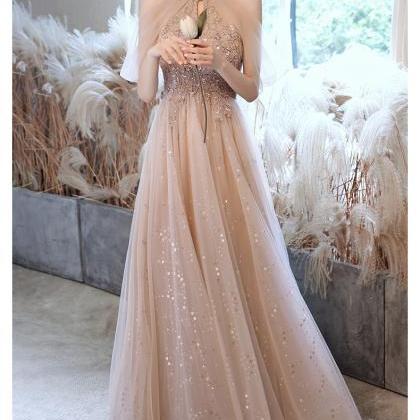 Light Champagne Halter Lace And Tulle Long Formal..
