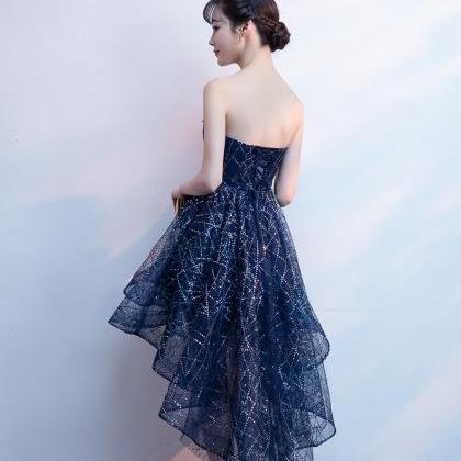 Navy Blue High Low Party Dress With Flowers Lace,..