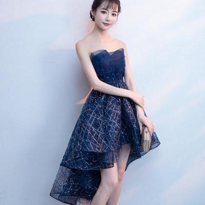 Navy Blue High Low Party Dress With Flowers Lace,..
