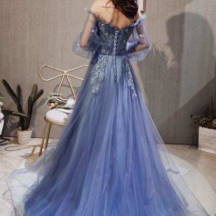 Blue Purple Tulle Long Sleeves Lace Applique Formal Gown, Blue-purple 