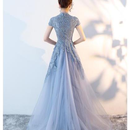 Blue Lace High Neckline Tulle Long Party Dress,..