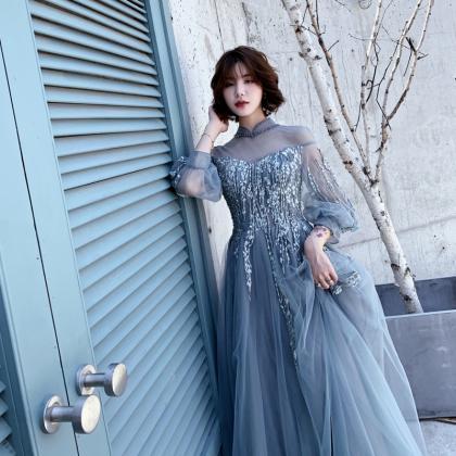 Blue Long Sleeves Tulle Puffy Sleeves Prom Dress,..