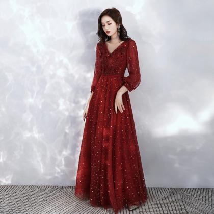 Wine Red V-neckline Floor Length Party Dress With..