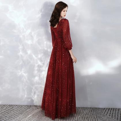 Wine Red V-neckline Floor Length Party Dress With..