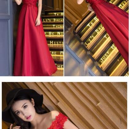 Red Off Shoulder Lace Top And Satin Long Party..