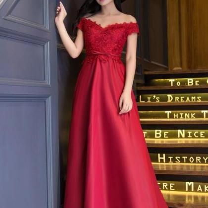 Red Off Shoulder Lace Top And Satin Long Party..