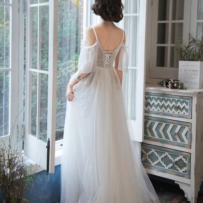 White Tulle Straps V-neckline Long Formal Dress..