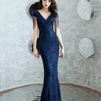 Navy Blue Sequins Mermaid Long Prom Dress,..