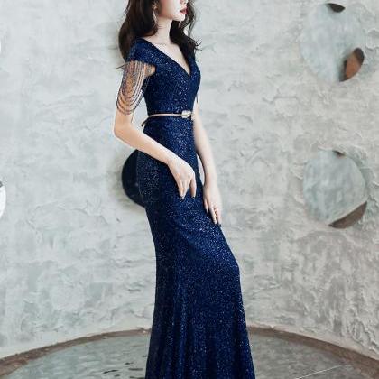 Navy Blue Sequins Mermaid Long Prom Dress,..