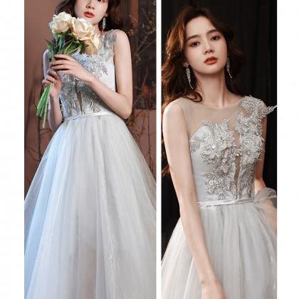 Sliver Grey Tulle Tea Length Bridesmaid Dress,..