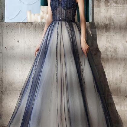 Blue Beaded Sweetheart Tulle Long Style A-line..