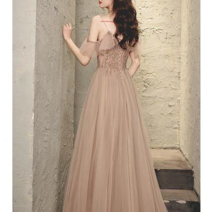 Cute Pink Tulle Beaded V-neckline Long Prom Dress..