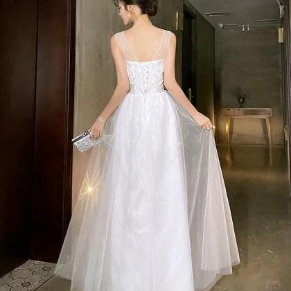 White Tulle With Lace Chic Straps Long Prom Dress,..