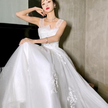 White Tulle With Lace Chic Straps Long Prom Dress,..