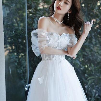 White Cute Off Shoulder Tea Length Party Dress,..