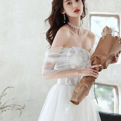 White Cute Off Shoulder Tea Length Party Dress,..