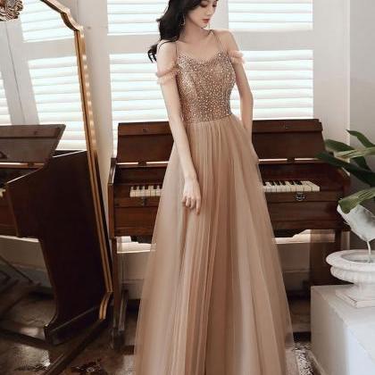 Champagne Beaded Straps Long Party Dress, Long..