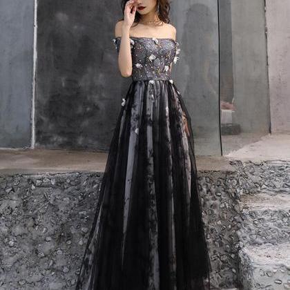 Black Floral Lace Elegant Long Evening Gown,..