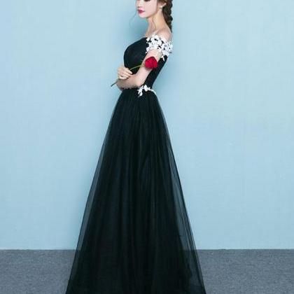 Black Tulle Simple Long Party Dress With White..
