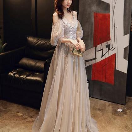 Beautiful Puffy Sleeves Champagne Floor Length..