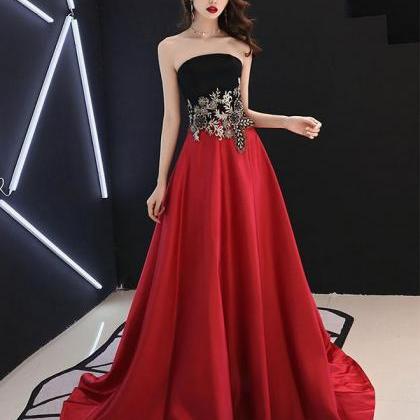 Red And Black Satin Long Evening Dress, A-line..