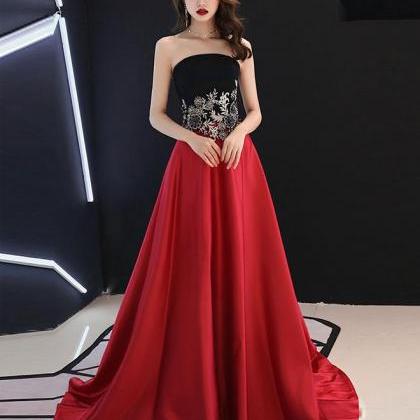 Red And Black Satin Long Evening Dress, A-line..