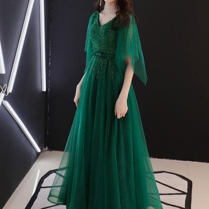 Green Beaded Tulle Long Evening Party Dress,..