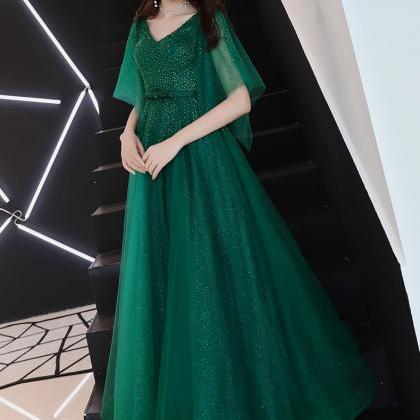 Green Beaded Tulle Long Evening Party Dress,..