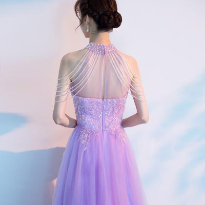 Lovely Pink Beaded Halter Tulle Long Party Dress,..