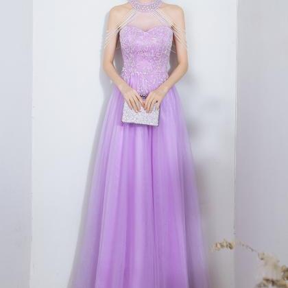 Lovely Pink Beaded Halter Tulle Long Party Dress,..
