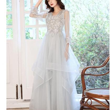 Sliver Grey Long Sleeves Tulle Layers Party Dress,..