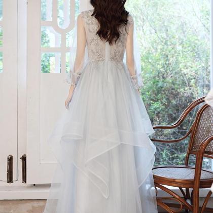 Sliver Grey Long Sleeves Tulle Layers Party Dress,..