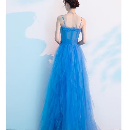 Blue Tulle Straps Long Cute Wedding Party Dress..