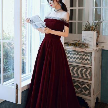 Elegant Wine Red Velvet Off Shoulder Long Prom..