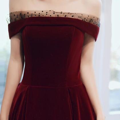 Elegant Wine Red Velvet Off Shoulder Long Prom..