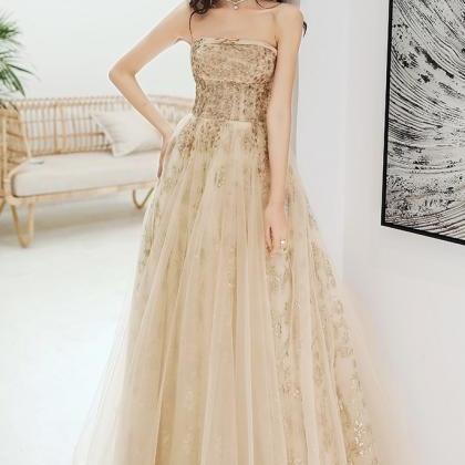Lovely Champagne Scoop Floor Length Long Party..